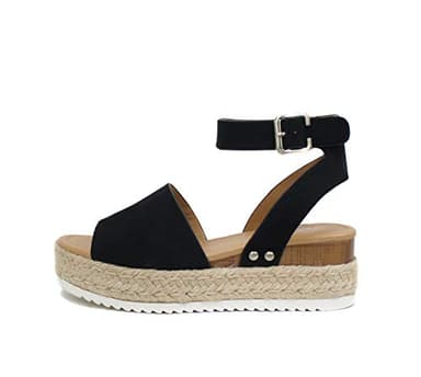 Soda Topic Open Toe Buckle Ankle Strap Espadrilles Flatform Wedge Casual Sandal (Black, 8.5)