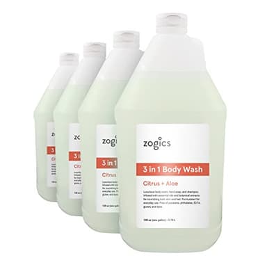 Zogics 3-in-1 Body Wash – Body Soap, Shampoo, and Hand Soap Liquid Refill All-in-One, Hydrating Plant-Based Formula, Refreshing Citrus + Aloe Scent (4 Gallons/Case)