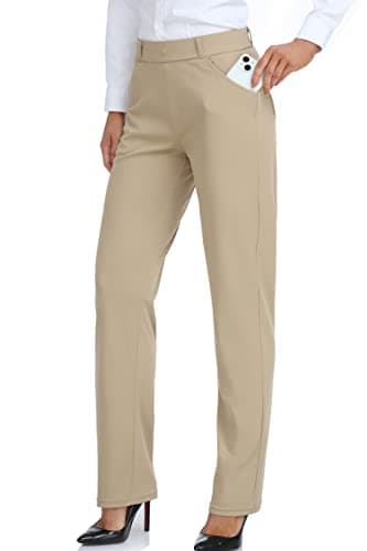 Oalka Women's Dress Pants Straight Leg Yoga Work Stretchy Pant for Office Business Khaki Brown Regular XL