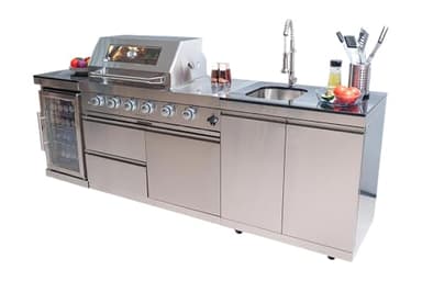 98 Inches 4-Burner 72000 BTU Deluxe Stainless Steel Propane Gas Outdoor Kitchen Bar Barbecue Island Grill, Wine Cooler, Granite Countertops, Stainless Steel Sink, Patio, Lawn, Backyard, Silver