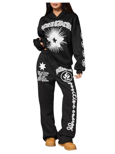 GORGLITTER Women's 2 Piece Track Suits Y2k Graphic Sweatsuit Set Oversized Hoodies Wide Leg Sweatpants Matching Outfits 2025 Black Large