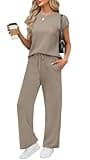 WIHOLL Womens Loungewear Set 2 Piece Travel Airport Outfits on Plane Summer Business Casual Lounge Set Ladies Cruise Short Sleeve Clothes Wide Leg Pants Matching Sets Womens Clothing Coffee M