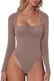 QINSEN Shapewear Bodysuit for Women Curved Shoulders Bodycon Long Sleeve T Shirt Tops Rose Taupe M