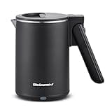 Elite Gourmet EKT719 Dual Volt 120-230V, Travel Double Wall Insulated Cool-Touch, 0.6L Electric Kettle, Stainless Steel Interior, Hinged-Locking Lid, Retractable Handle, Auto Shut-Off, Boil Dry, Black