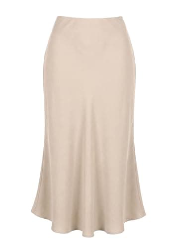 ALCEA ROSEA Womens Midi Satin Silky Skirt Elastic High Waisted A-line Elegant Wedding Skirts AR7302 (Champagne, XL)