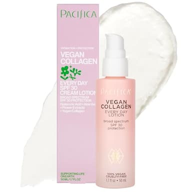 Pacifica Beauty Vegan Collagen SPF 30 Broad Spectrum Sunscreen Every Day Face Lotion, UVA/UVB Protection for All Skin Types, Lightweight, Moisturizing & Hydrating, Cruelty Free, White, 1.7 Fl Oz
