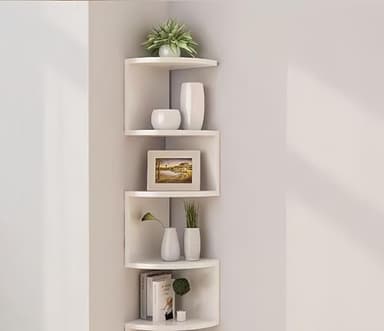 FRAWENLECO No-Drill Corner Shelf Wall Mount, 5-Tier Floating Corner Bookshelf with Hooks, Space-Saving Zigzag Plant Shelf for Bedroom, Living Room, Bathroom, Home Office
