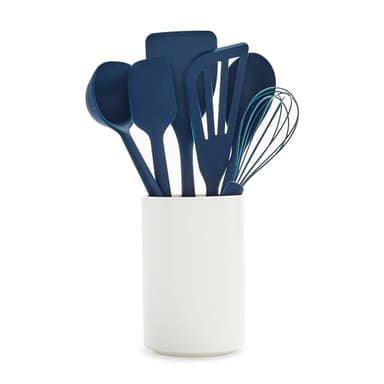 GreenPan Silicone 6 Piece Cooking Utensil Set & Holder, Spoon, Spatulas, Whisk, Ladle, Flexible Nonstick Kitchen Tools, Steel Core Heat-Resistant Anti-Slip Handle BPA-Free Dishwasher Safe, Oxford Blue