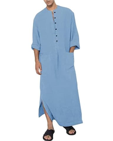 YAOHUOLE Thobe for Men Islam Side Split Djellaba Men Button Up Kaftan Long Gown Thobe Blue 3XL
