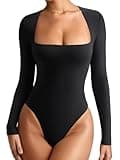 REORIA Womens Sexy Basic Square Neck Long Sleeve Thong Body Suits Shirt Fall Outfits Y2k Trendy Layering Slim Leotard Tops Plus Size Black XX-Large