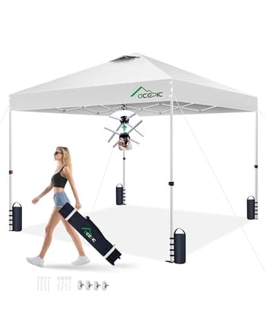 Acepic 10x10 Pop Up Canopy Tent, One Push Instant Outdoor Gazebo with Vented Top, Upgraded 300D Silver Coated Sun Shade for Parties Camping Vendor, Includes Wheeled Bag and 4 Sandbags, White