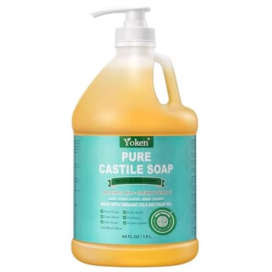Yoken EWG Verified Organic Castile Soap Liquid (Unscented, 64 oz) Pure Castile Liquid Soap Made With Organic Oil, Clean & Gentle, Natural Castor Oil Soaps for Body & Face Wash, Hands, Dishes, Laundry