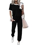 MASCOMODA Womens 2 Piece Outfits 2025 Summer Tracksuit Sets Short Sleeve Tops Travel Long Pants Jogger Lounge Set(Black,Medium)