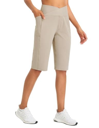 baleaf Women's Bermuda Long Shorts 14" Knee Length Capri Pants High Waisted Athletic Shorts with Pockets Summer Casual Khaki XL