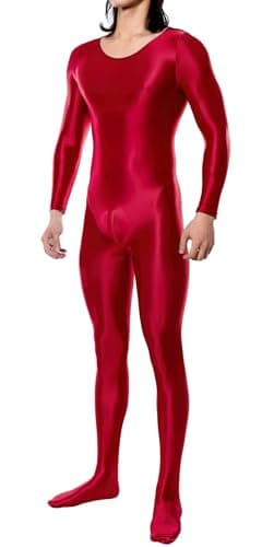Men Bodystocking Sheer Shiny Full Bodysuit Silky Glossy Jumpsuit Long Sleeve Metallic Party Jumpsuit for Club Festival Cosplay Red M