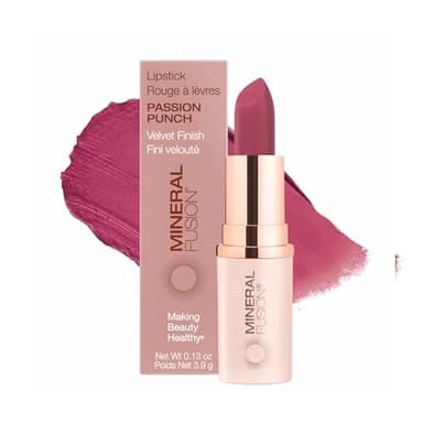 Mineral Fusion Long-Lasting Lipstick, Vivid & Smudge-Free Lip Color with Avocado Oil, Cocoa Seed Butter, Free of FD&C Dyes, Paraben and Gluten, Passion Punch