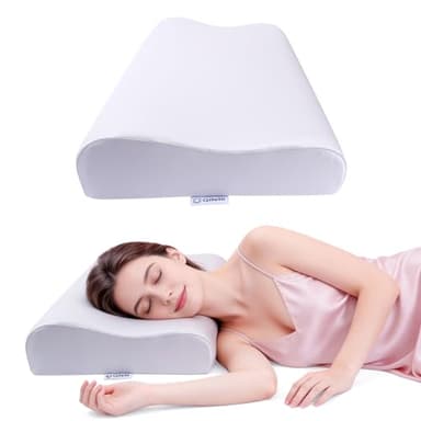 Ergonomic Memory Foam Pillow 2 heights: Mid-Low, Cervical Support Relieve Neck Back Pain, Breathable Cool Ice Silk Anti-Wrinkle Cover, SGS Certificates, for Side Back Stomach Sleeper, Queen Size