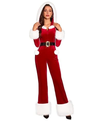 RSLOVE Women's Christmas Jumpsuit - Velvet Santa Costume Faux Fur Trim One Piece Holiday Xmas Outfit with Belt Red XL