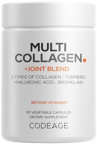 Codeage Multi Collagen Protein + Joint Blend Supplement, Hyaluronic Acid, Bromelain, Turmeric, Ginger, Boswellia, Astaxanthin - Hydrolyzed Bovine Collagen - 5 Collagen Types - Non-GMO - 90 Capsules