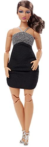 Barbie Looks Fashion Doll with Wavy Brown Hair & Curvy Body Type Wearing Silvery & Black Halter Dress, Collectible with Posable Made to Move Body