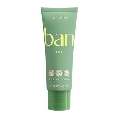 Ban Invisible Roll-On Aluminum-Free AHA Deodorant for Women and Men, Aluminum Free, 48-Hour Odor Protection, Unscented, 2.3 Oz
