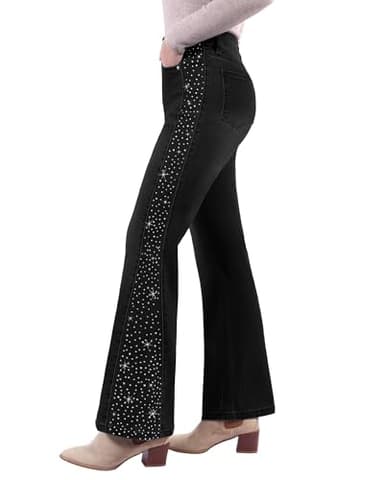 GRAPENT Glitter Jeans Sparkling for Women Rhinestone Cowgirl Bellbottoms New Years Eve Outfits Sparkly Washed Black Womens Flare Jeans, Washed Black, L, US Size 12 to 14