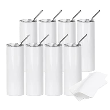 PYD Life 8 Pack Sublimation Tumblers Blanks 20 OZ Skinny White Straight Stainless Steel Cups with 10 PCS Shrink Wrap Film for Tumbler Press Machine Sublimation Oven Printing