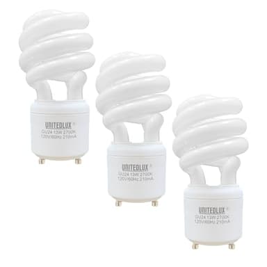 UNITEDLUX 13Watt T2 Spiral CFL GU24 2 Prong Light Bulb Base 2700K 900lm 120v 60Hz Light Bulb- Mini Twist Lock Spiral -Self Ballasted Compact Fluorescent Soft White Pack of 3