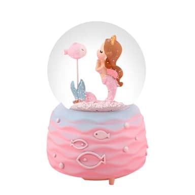 Snow Globe for Girls, 80 MM Mermaid Snow Globe Music Box with Colorful LED Lights and Music, Birthday Christmas Festival Gift for 5-12 Year Old Girls(Pink)