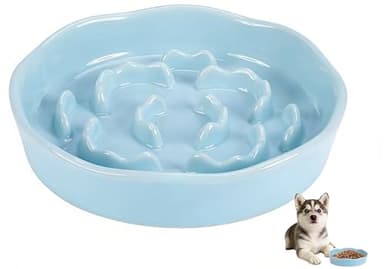 ITISMUNGO Pet Feeding Bowls, Ceramic Slow Feeder Dog Bowl - Heavy Weighted Blue Bloom Food Dish for Small to Medium Dogs - Non-Slip, Microwave & Dishwasher Safe Pottery Maze to Fast Eating