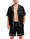 SWOMOG Men Satin Silk Pajamas Sets Short Sleeve Sleepwear Button-Down PJs Sets Two-Pieces Loungewear with Pockets Black