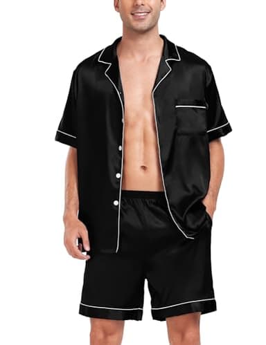 SWOMOG Men Satin Silk Pajamas Sets Short Sleeve Sleepwear Button-Down PJs Sets Two-Pieces Loungewear with Pockets Black