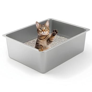 Kirecoo Stainless Steel Cat Litter Box - Metal High Sided Cat Pan, Large Stainless Steel Box, Indoor Litter Tray, Non Stick, No Smell, Easy to Clean, Pet Toilet Supplies for Kitten, Kitty, Rabbit