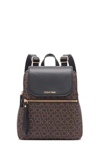 Calvin Klein Reyna Signature Key Item Flap Backpack, Brown/Khaki/Black, One Size