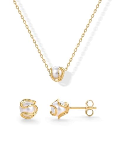 PAVOI 14K Yellow Gold Plated Round Shell Pearl Jewelry Set for Women - Gold Pearl Necklace and Earring Set with Pendant Necklace and Caged Stud Earrings Pack