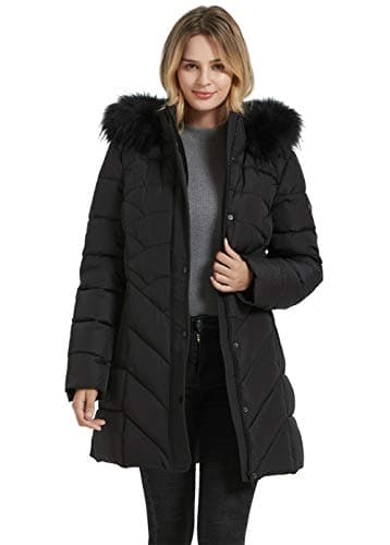 BINACL Women's Thickened Down Alternative Jacket, Snowboard Skiing Parka Puffer Tunnel Collar Elastic Neck Cotton Padding Slide Water Resistant Outwear Jacket with Fur Trim Removable Hood(Black,L)
