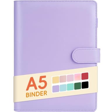 Sooez A5 binder 6 Ring, Refillable Notebook Planner Cover, Small Leather Organizer Empty Binder for Budget,Journal,Photocard Holder,Recipe Book, Aesthetic Loose Leaf Binder with Magnetic Buckle,Purple