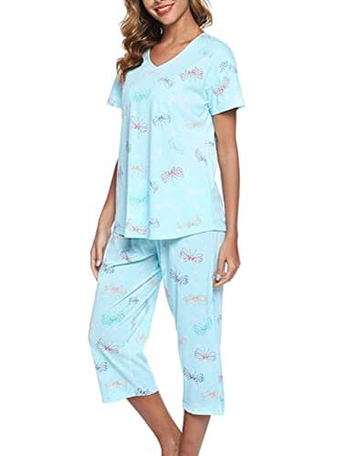ENJOYNIGHT Womens Pajama Sets Cotton Pj Set Short Sleeve Top With Capri Pants Sleepwear 2 Piece Lounge Set(X-Large, Blue Flying)