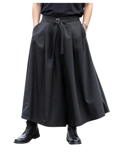 OYOANGLE Men's Wide Leg Pleated Skirt Pants Belted Pleated Japanese Cropped Harem Pants Japanese Trousers Black Medium