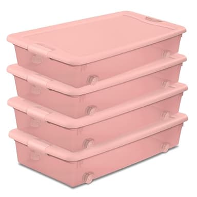 Sterilite 4-Pack 56 Quart Wheeled Latching Box, Underbed Plastic Storage Organizer, Pearl Blush Tint - Under Bed Rolling Container Bin with Lid and Wheels for Home or Dorm Bedrooms and Closets