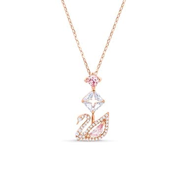 Swarovski Swan Pendant Necklace, Rose Gold Tone Finish, Pink Crystals, Clear Crystals
