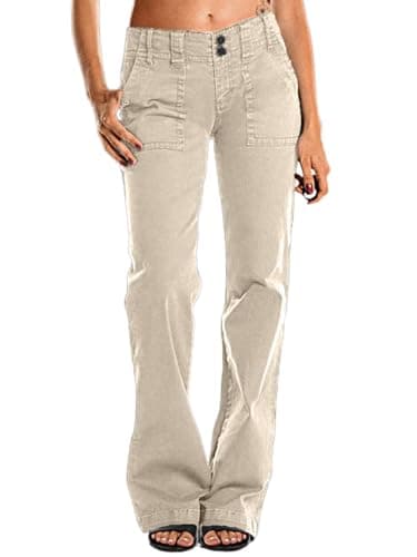 Flamingals Women's Wide Leg Cargo Pants Mid Waist Straight Leg Business Casual Work Dress Pants Khaki M