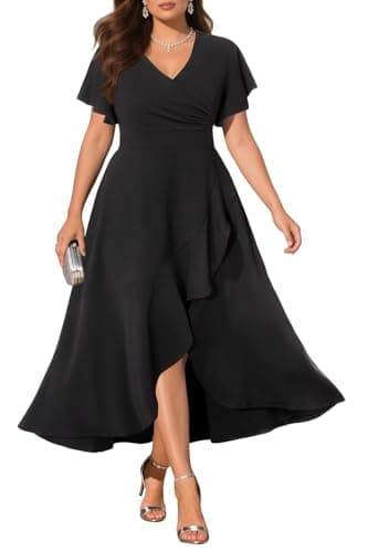 Women Plus Size Formal Dresses Black Wedding Guest Wrap Elegant Evening Empire Waist High Low Split Ruffle Long Dress