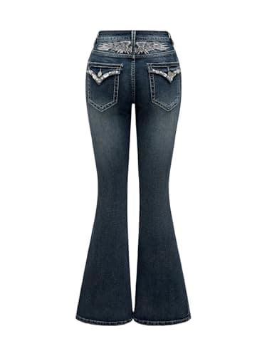 WDIRARA Women's Goth Punk Rhinestone Embroidered Flare Jeans Bootcut Denim Pants Blue Small