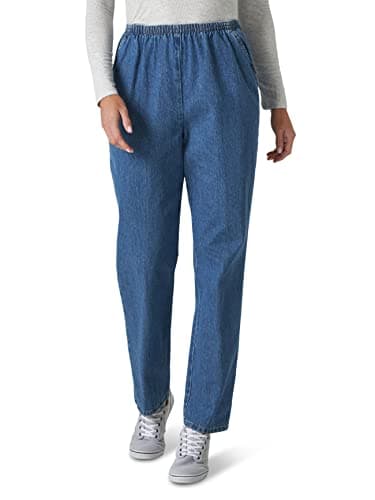 Chic Classic Collection Women's Cotton Pull-On Pant with Elastic Waist, Destruction Blue Denim, 12 Petite