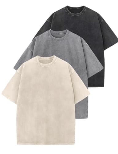 Wyeysyt 3 Pack Oversized Tshirts for Women Vintage Washed Baggy Tees Cotton Short Sleeves Acid Shirts Unisex Tops(BlackGreyBeige-M)
