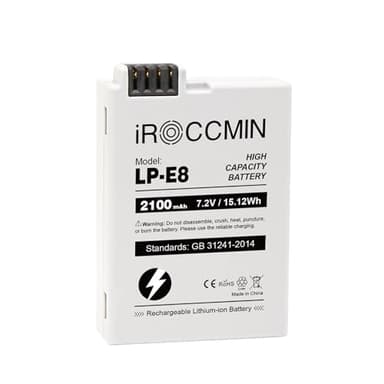 iROCCMIN LP-E8 2100mAh Battery Replacement for Canon EOS Rebel T3i, T2i, T4i, T5i, 600D, 550D, 650D, 700D, Kiss X5, X4, Kiss X6, LC-E8E, X6i, X7i Camera