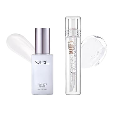 VDL Lumilayer Primer (Glowy Finish, 1.01fl oz) & Glint Liquid Gel Highlighter (Glosser, 0.1oz) - Illuminating Pearl Makeup Base for Glowing Skin. Multi-Use Face & Body Gloss for Smooth Glow, Long-Last