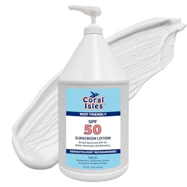 Coral Isles by Rocky Mountain Sunscreen | SPF 50 Lotion | Broad Spectrum UVA/UVB Protection | Hawaii Reef-Safe Act Compliant | Oxybenzone & Octinoxate Free | Water Resistant 80 Min. | 128 Fl Oz