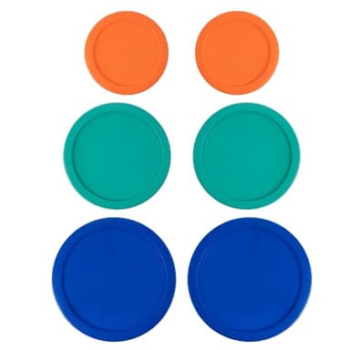 Replacement Lids for Pyrex Containers Round Glass Food Plastic - (2) 2-Cup Orange, (2) 4-Cup Teal, (2) 7-Cup Blue - BPA-Free, Dishwasher & Microwave Safe